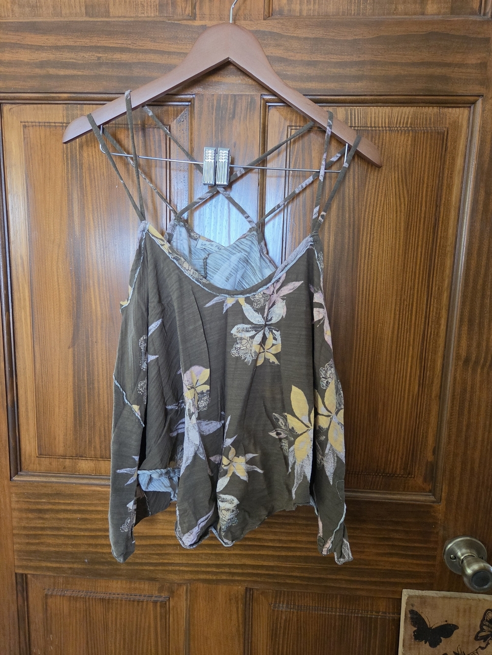 We The Free Olive Floral Strappy Cami with Yellow Accents
